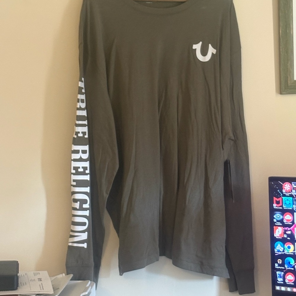 True Religion Olive Long Sleeve Shirt with White Logo